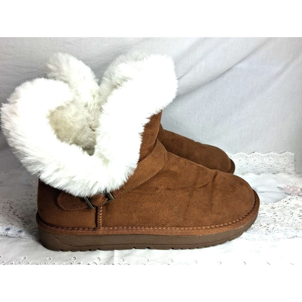 Jessica Cline Brown Suede Faux Fur Pull On Snow Boots Women 8.5M Warm Cozy Hygge